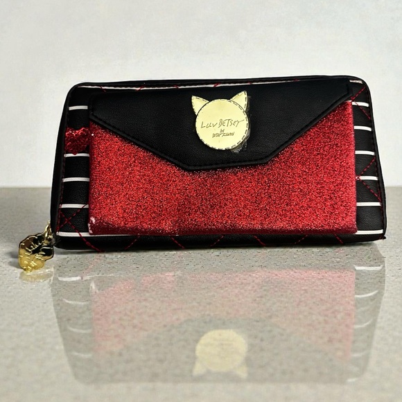 Betsey Johnson Handbags - Betsey Johnson Glitter Striped/Lips Wallet with Cat Emblem